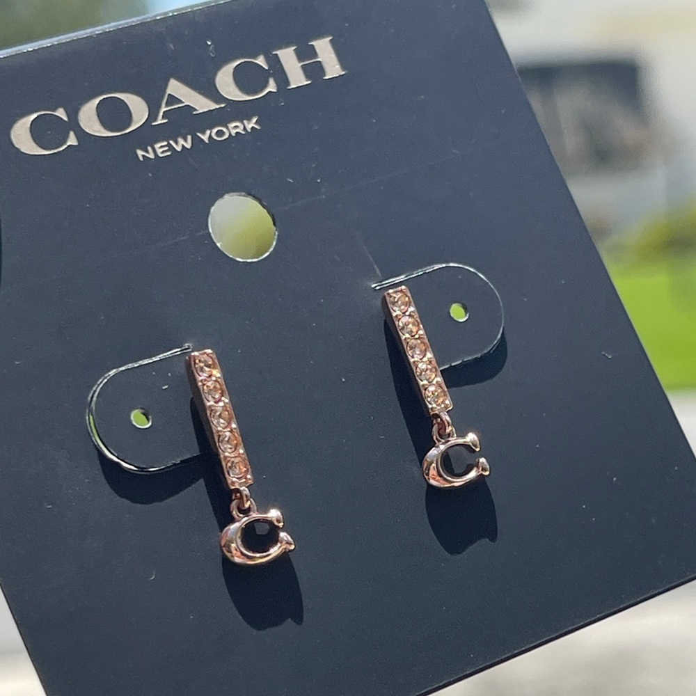 COACH Signature C Pave Bar Stud Earrings in Rose Gold - Picture 4 of 16